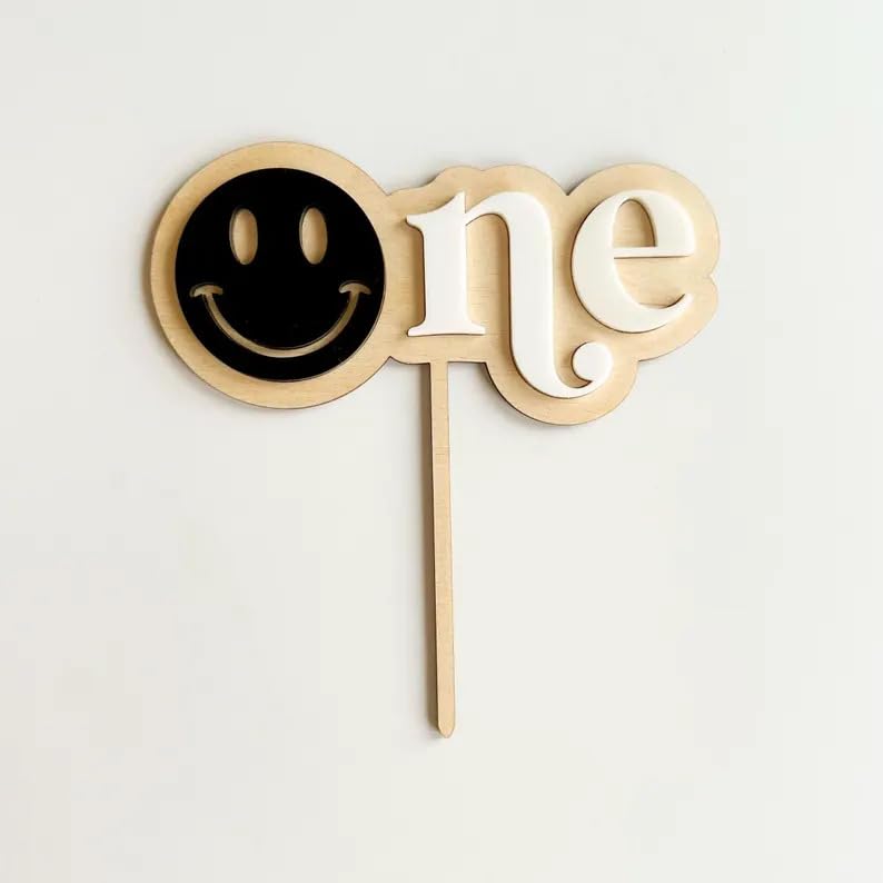 Smiley One Cake Topper for First Birthday | 6 Inch Pine MDF Cake Decoration | One Happy Dude Theme | Wooden Smiley Face Cake Topper | Baby Birthday Party Prop